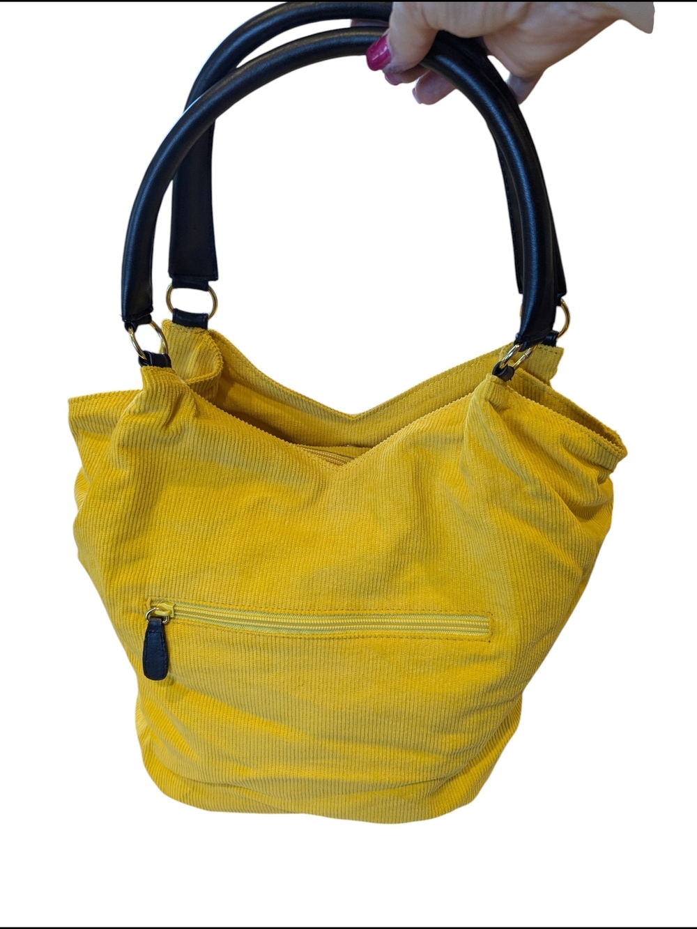 Yellow Corduroy Tote Bag with Black Handles